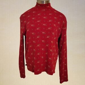 Jones Sport Vintage 90s Red Rose Print Cotton Turtleneck Top Large